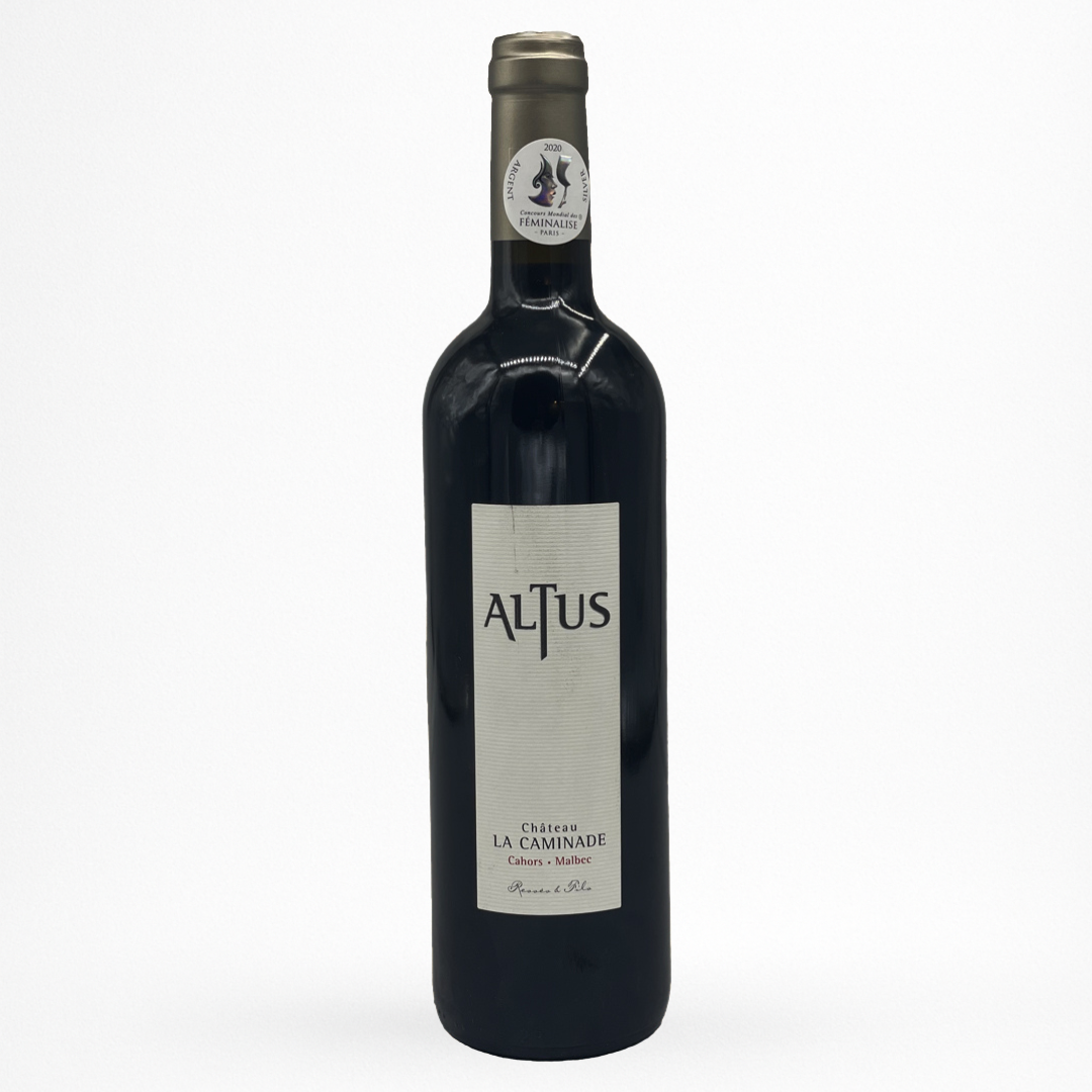 Château La Caminade “Altus” 2019 – Cahors AOP, vin rouge (Malbec), bouteille packshot sur fond blanc, étiquette grise verticale avec médaille Féminalise