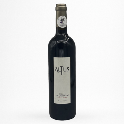 Château La Caminade “Altus” 2019 – Cahors AOP, vin rouge (Malbec), bouteille packshot sur fond blanc, étiquette grise verticale avec médaille Féminalise