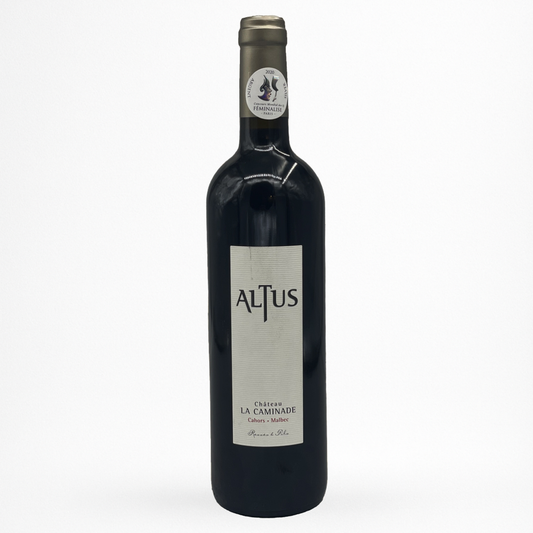 Château La Caminade “Altus” 2019 – Cahors AOP, vin rouge (Malbec), bouteille packshot sur fond blanc, étiquette grise verticale avec médaille Féminalise