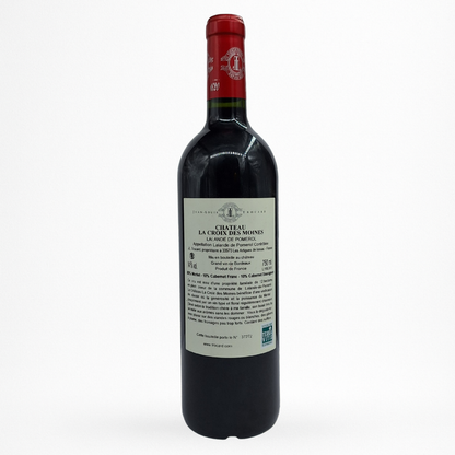 Château La Croix des Moines 2020 – Lalande-de-Pomerol AOP, vin rouge, contre etiquette bouteille packshot sur fond blanc, capsule rouge, étiquette grise motif croix décorative