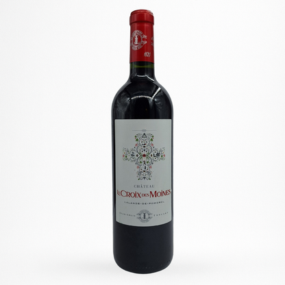 Château La Croix des Moines 2020 – Lalande-de-Pomerol AOP, vin rouge, bouteille packshot sur fond blanc, capsule rouge, étiquette grise motif croix décorative