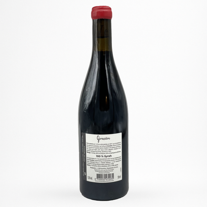 Bouteille de vin rouge Le Grand Verdus Gravière Syrah 2021, contre étiquette blanche, capsule rouge, fond blanc