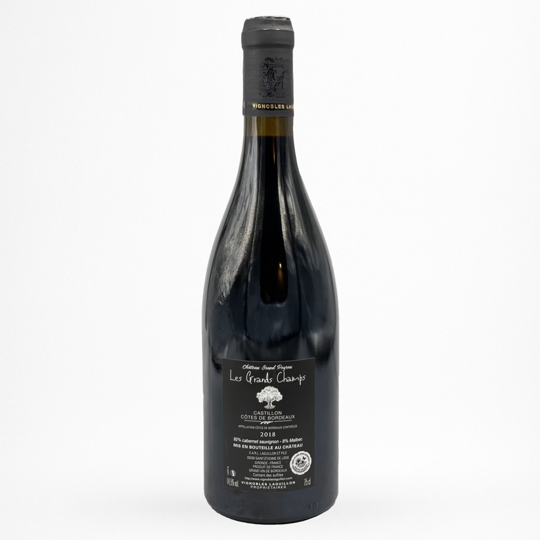 Contre étiquette de vin Château Grand Peyrou Les Grands Champs 2018 en Castillon Côtes de Bordeaux sur fond blanc