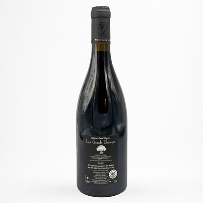 Contre étiquette de vin Château Grand Peyrou Les Grands Champs 2018 en Castillon Côtes de Bordeaux sur fond blanc