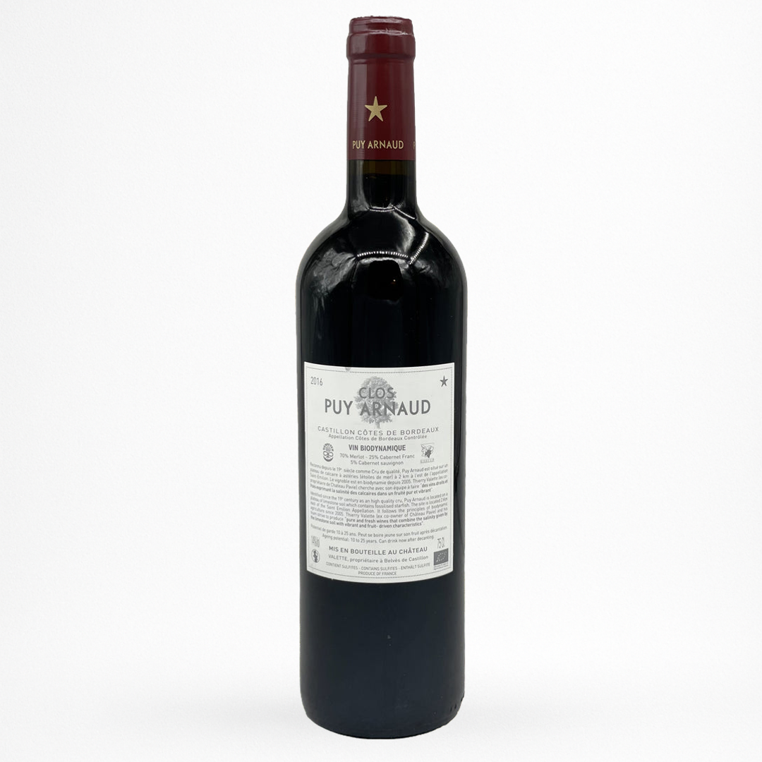 Contre etiquette bouteille de vin Clos Puy Arnaud - Grand Vin - 2016 - Vin de Castillon Côtes de Bordeaux