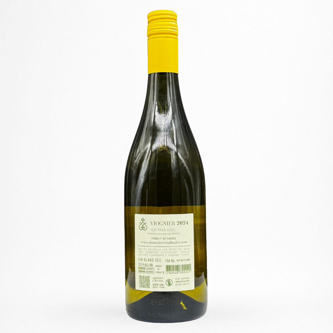 Contre etiquette bouteille de vin blanc Viognier 2024 — Domaine Coudoulet “La Chicane”, IGP Pays d’Oc ; packshot sur fond blanc, capsule jaune et étiquette crème.