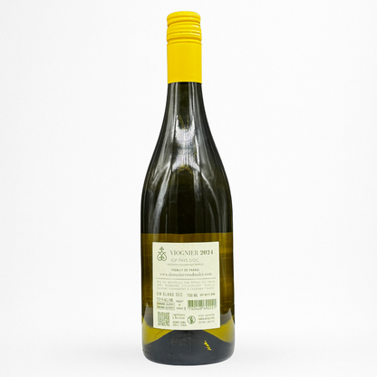 Contre etiquette bouteille de vin blanc Viognier 2024 — Domaine Coudoulet “La Chicane”, IGP Pays d’Oc ; packshot sur fond blanc, capsule jaune et étiquette crème.