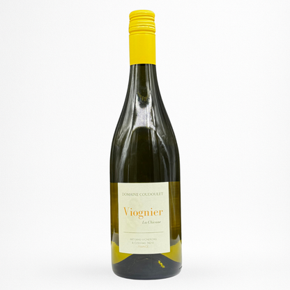 Bouteille de vin blanc Viognier 2024 — Domaine Coudoulet “La Chicane”, IGP Pays d’Oc ; packshot sur fond blanc, capsule jaune et étiquette crème.