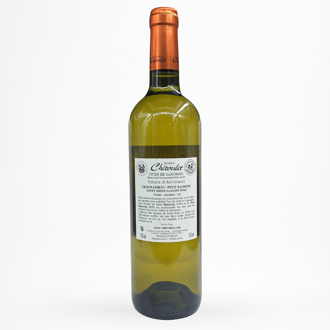 Contre etiquette bouteille de vin Domaine Chiroulet - Soleil D'Automne - Blanc Moelleux - 2023 - Vin de Côtes de Gascogne