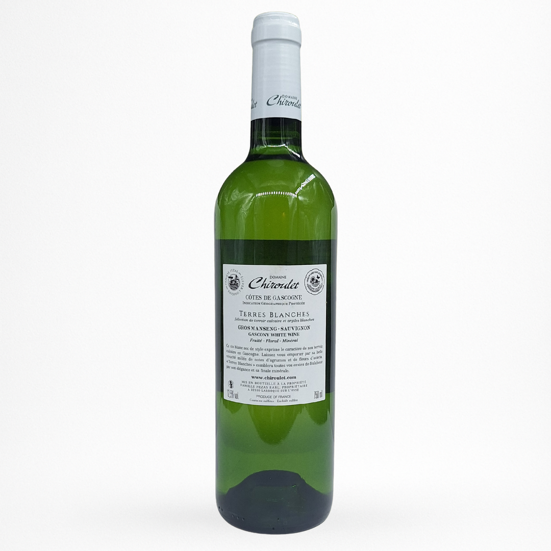 Contre etiquette bouteille de vin Domaine Chiroulet - Terres Blanches - Blanc - 2023 - Vin de Côtes de Gascogne