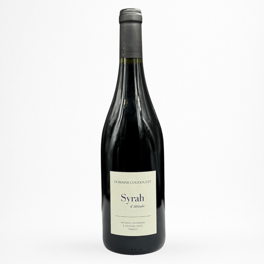 Bouteille de vin rouge Domaine Coudoulet Syrah d’Altitude 2024 (IGP Pays d’Oc) — packshot sur fond blanc, capsule grise, étiquette crème.