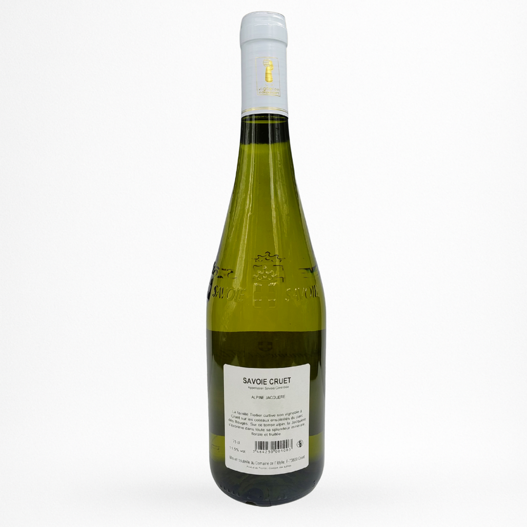 Domaine de l’Idylle – Cruet Jacquère (Vin de Savoie AOP) : contre etiquette bouteille blanc de Savoie, étiquette “Cruet”, fond blanc, packshot haute qualité.