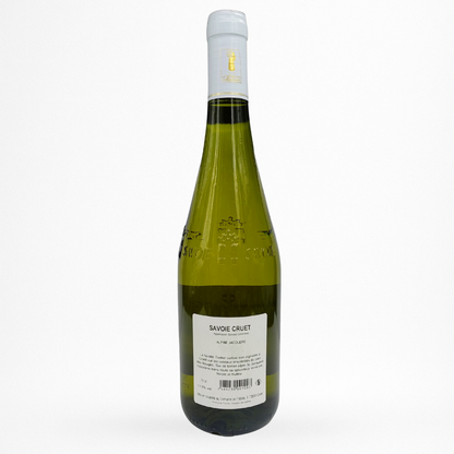 Domaine de l’Idylle – Cruet Jacquère (Vin de Savoie AOP) : contre etiquette bouteille blanc de Savoie, étiquette “Cruet”, fond blanc, packshot haute qualité.