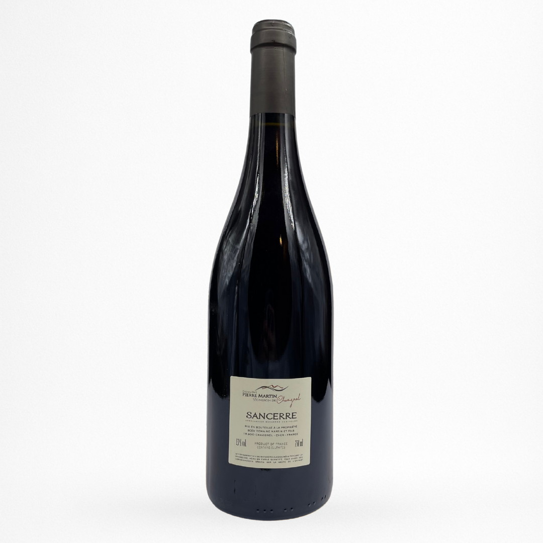 Sancerre rouge 2021 Domaine Pierre Martin – contre etiquette bouteille 100% Pinot Noir (Loire), packshot fond blanc