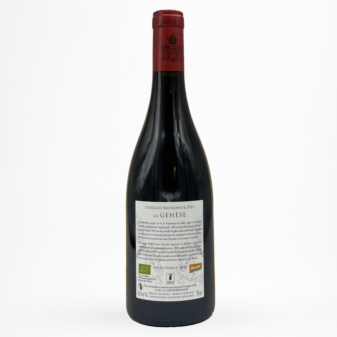 Domaine Usseglio Raymond & Fils « La Genèse » – vin rouge Vin de France, contre etiquette de bouteille sur fond blanc (packshot produit).