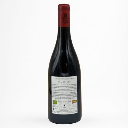 Domaine Usseglio Raymond & Fils « La Genèse » – vin rouge Vin de France, contre etiquette de bouteille sur fond blanc (packshot produit).