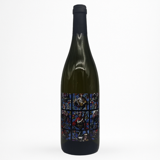 Domaine de l’Ecu – Marguerite 2022, Vin de France blanc – bouteille produit sur fond blanc (étiquette vitrail).