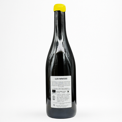Contre etiquette de bouteille Domaine de l’Ecu – “Lux” 2022, Vin de France : packshot sur fond blanc, capsule jaune et étiquette dorée avec icône religieuse.