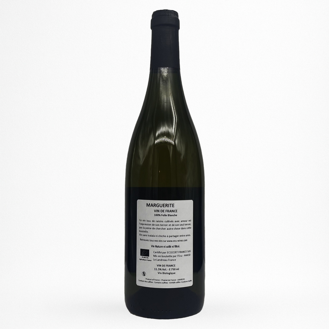 Domaine de l’Ecu Marguerite 2023 – Vin de France blanc – bouteille sur fond blanc avec étiquette vitrail (photo produit).