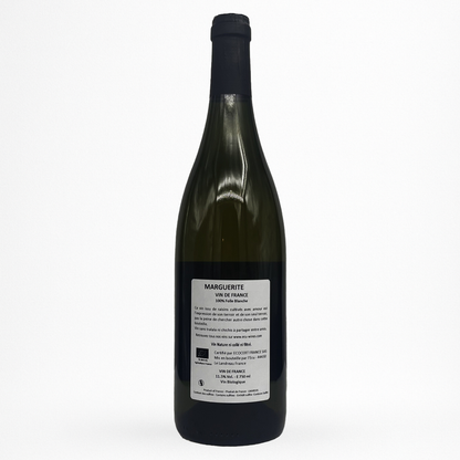 Domaine de l’Ecu Marguerite 2023 – Vin de France blanc – bouteille sur fond blanc avec étiquette vitrail (photo produit).