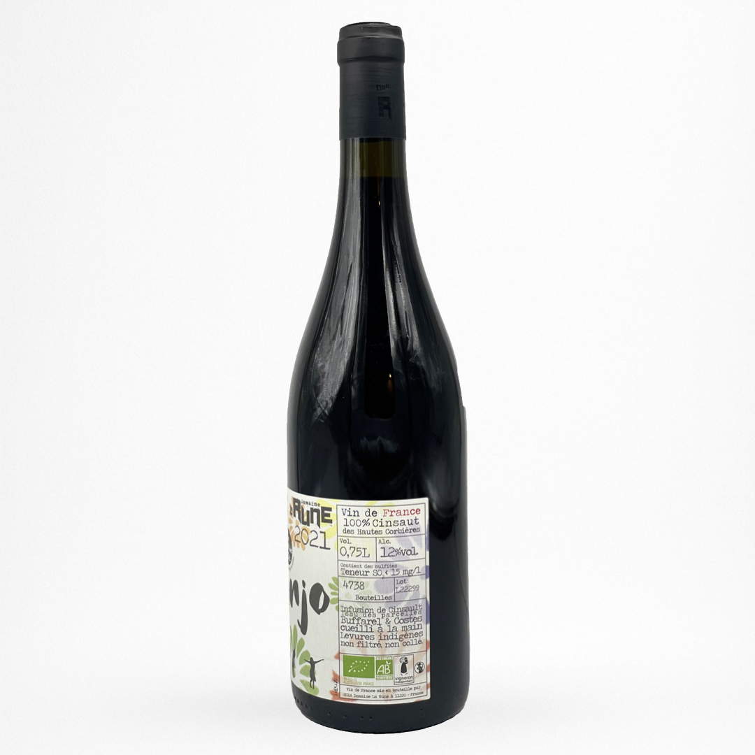 Bouteille Domaine de la Rune “Wunjo” 2022 – vin rouge (Vin de France), capsule grise, étiquette illustrée crème/vert “Wunjo”, packshot sur fond blanc.