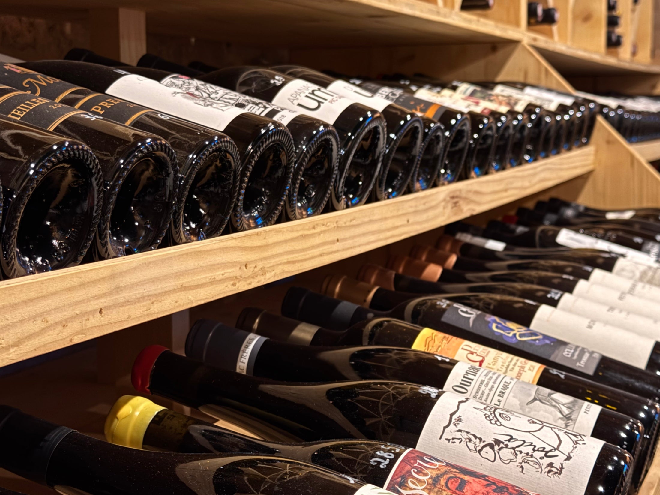 Rangées de bouteilles dans la cave La Crypte du Vin à Bordeaux, illustrant une large sélection de vins.