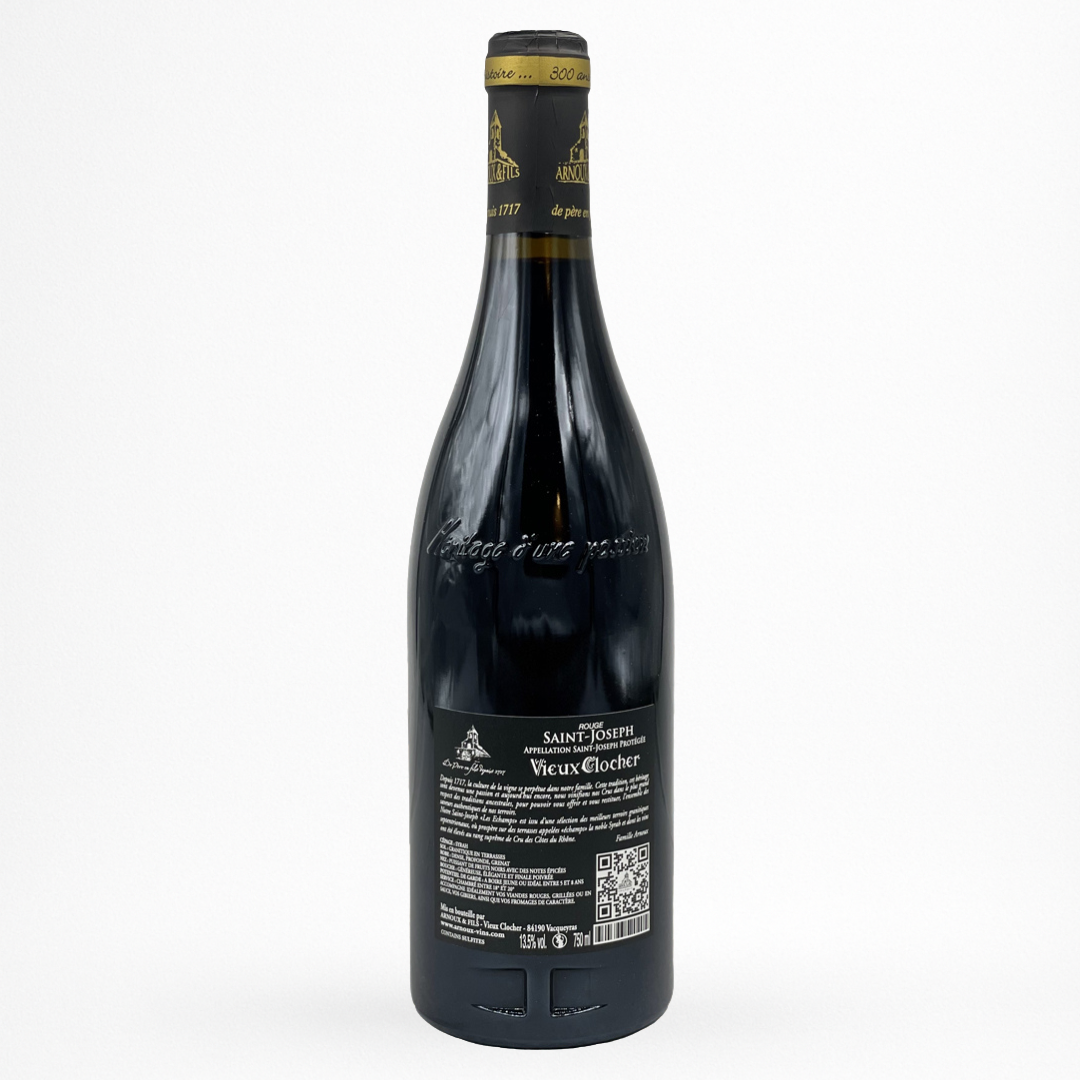 Vieux Clocher Les Échamps – Saint-Joseph AOC (Rhône) vin rouge – bouteille contre etiquette packshot sur fond blanc