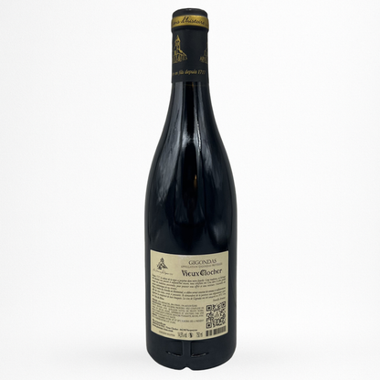 Vieux Clocher Nobles Terrasses – Gigondas AOC (Vallée du Rhône) vin rouge – bouteille contre etiquette 75cl packshot sur fond blanc
