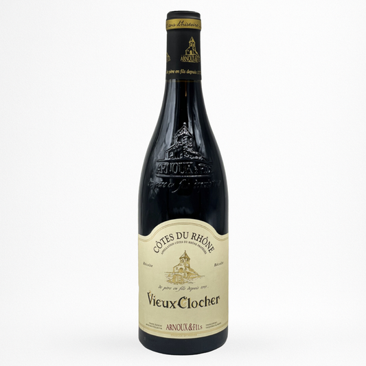 Bouteille Vieux Clocher — Côtes-du-Rhône AOC, vin rouge, verre noir embossé, sur fond blanc.